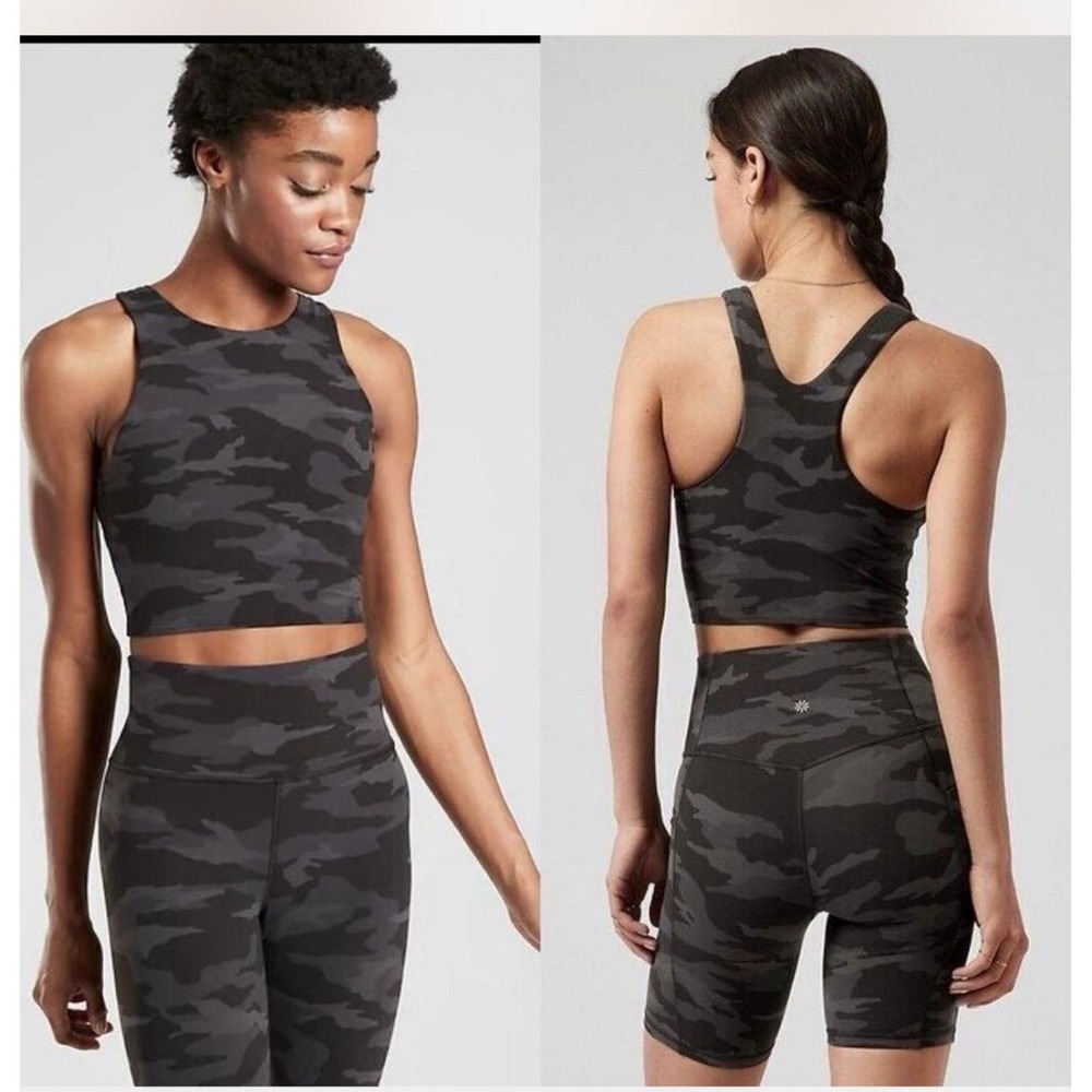 Athleta Conscious Crop Printed Camo Gray Racerback Tank Top Sport Bra Small NWOT